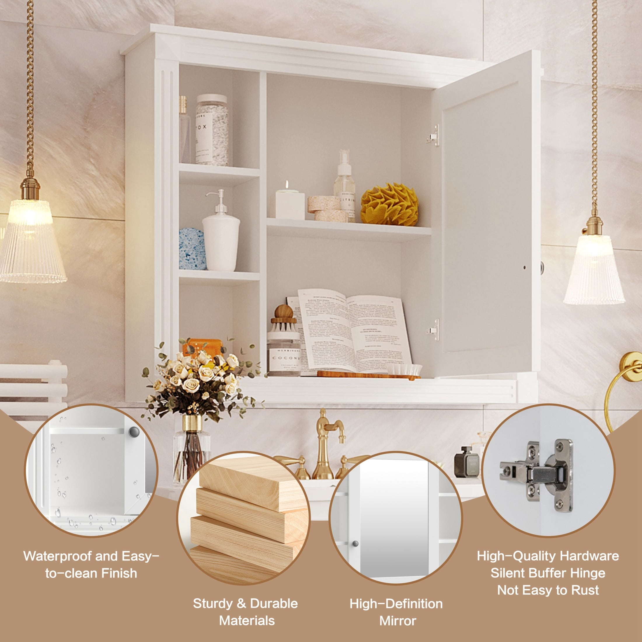 Noble House Wall Mounted Bathroom Mirror Cabinet with Open Shelves, Medicine Storage Cabinet, White