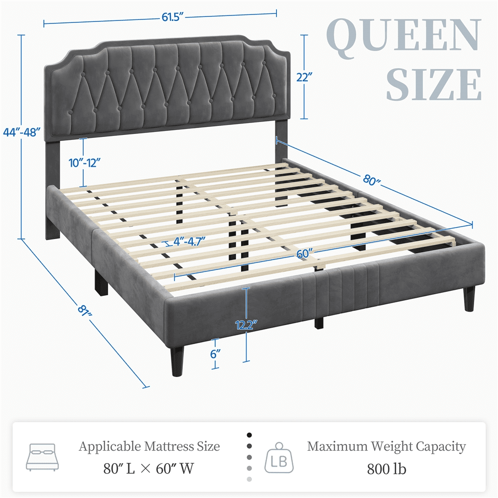 Yaheetech Queen Size Upholstered Bed Frame with Wooden Slat Support, Dark Gray