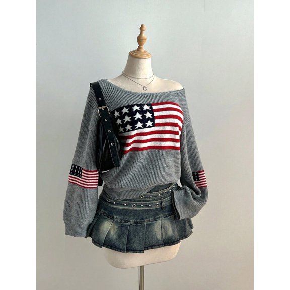 Womens Multicolor Knit Sweater, Casual Off-Shoulder Sweater