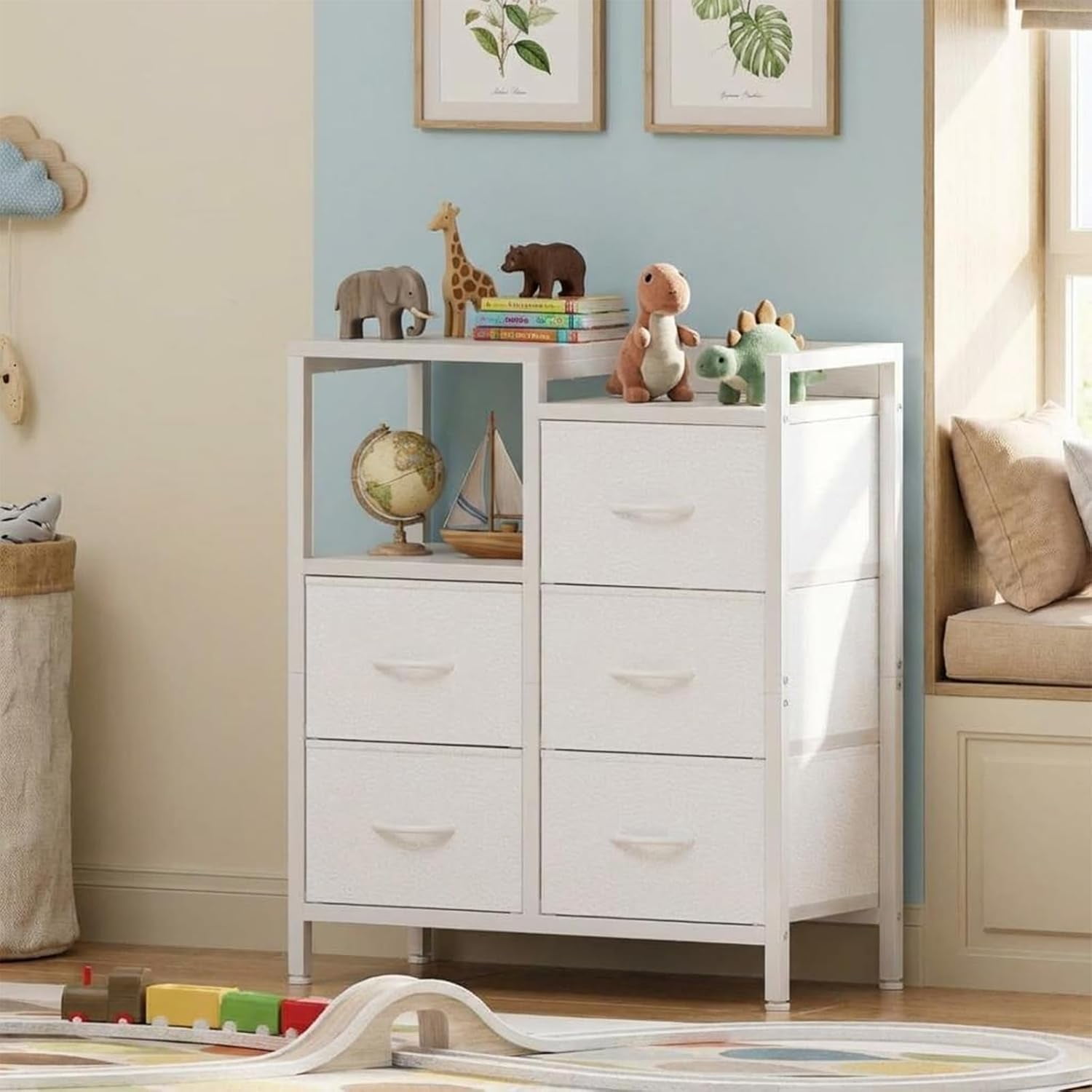 5 Drawer Mobile File Cabinet with Open Storage Shelf, Rolling Printer Stand and Fabric Lateral Filing Cabinet for Home Office, Fits A4 or Letter Size Files, White
