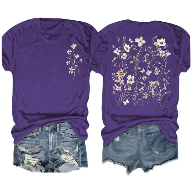 Fiudx Ofertas Flash Artículos En Oferta Blusas con Estampado de Flores Pequeñas para Mujer Top de Manga Corta con Cuello Redondo