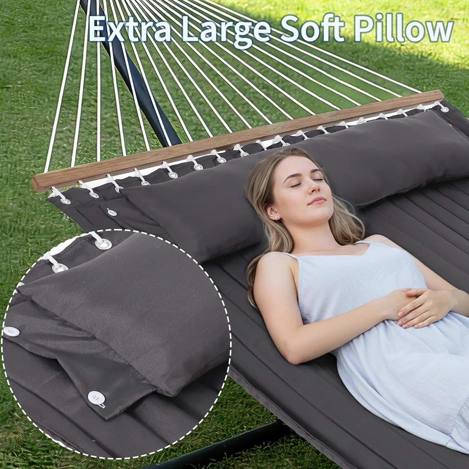 2 Person Hammock with Stand, Heavy Duty Hammock with Carrying Bag, Soft Pillow, 475 lbs Capacity, Freestanding & Portable for Patio, Garden, Camping, Dark Grey