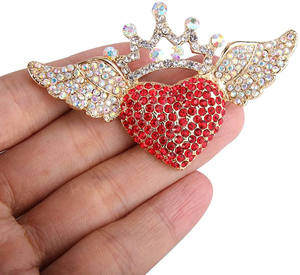 EVER FAITH Austrian Crystal Romantic Love Heart Angel Wing Crown Brooch 