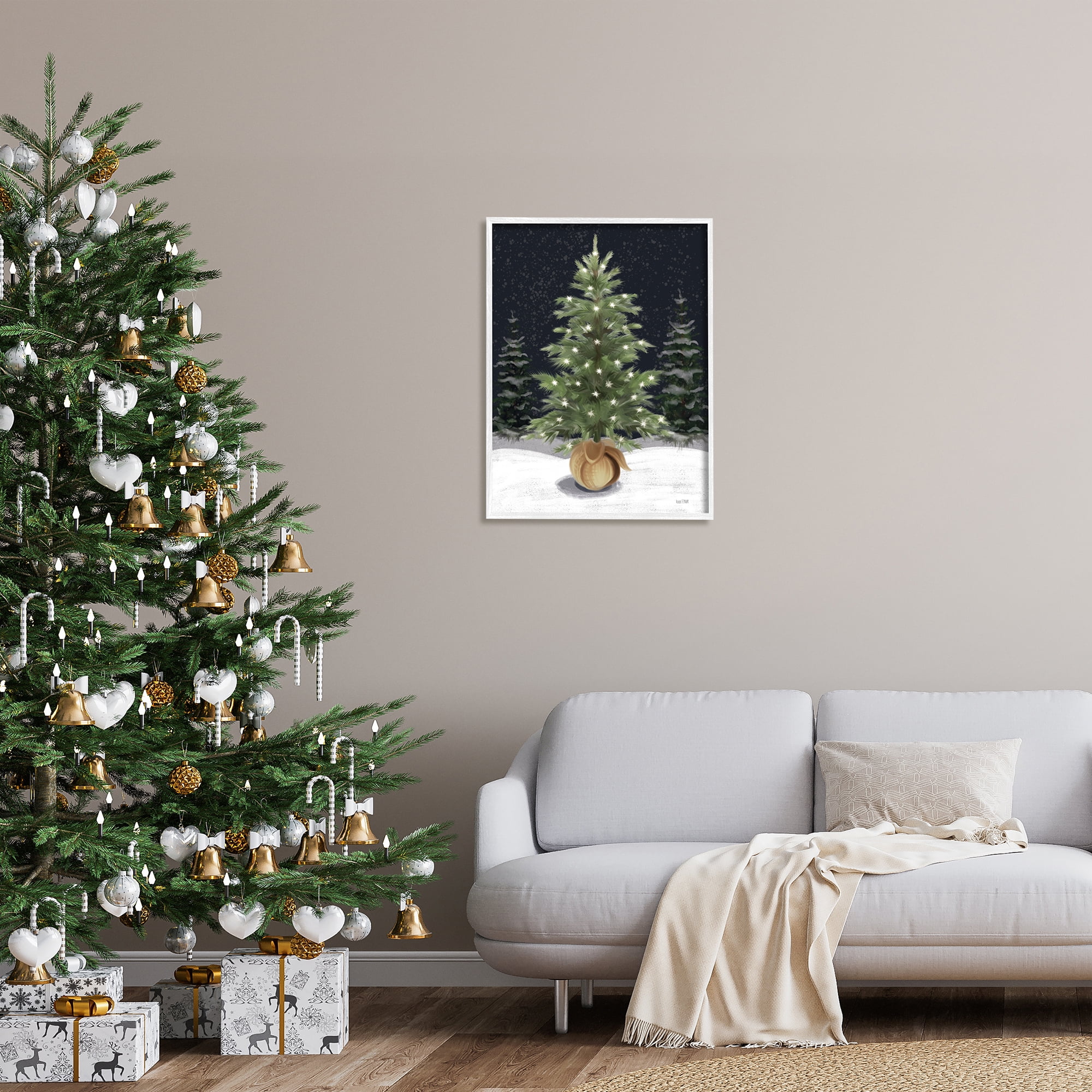 Stupell Industries Christmas Tree Snow Scene Holiday Painting White Framed Art Print Wall Art, 24 x 30