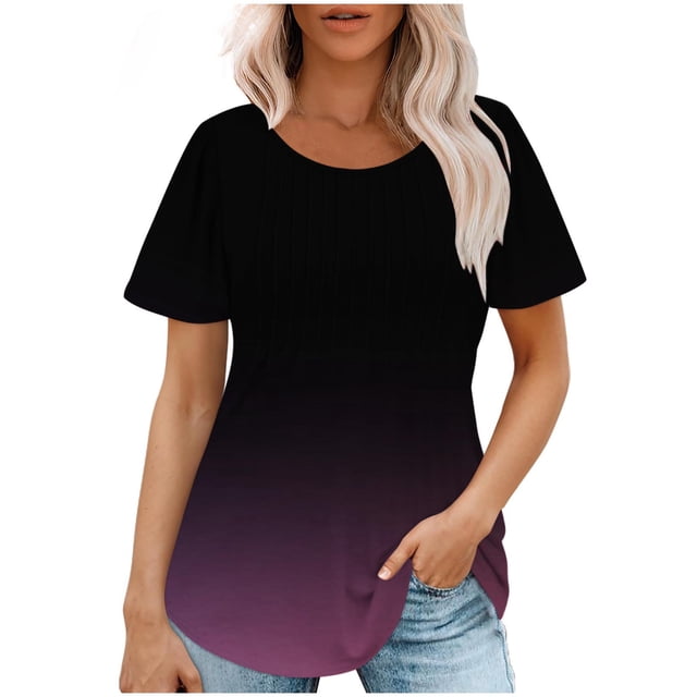 Plebaso Hauts pour Femmes Été Manches Courtes Col Rond Tunique Habillée Ample Mode Dégradé de Couleur Blouses