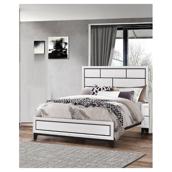 Queen Panel Low-profile Bed, White Finish, Geometric Design, Wooden