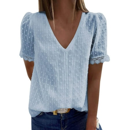 Women s V-Neck Tops Swiss Dot Lace Short Sleeve T Shirts Babydoll Loose Fit Casual Blouse