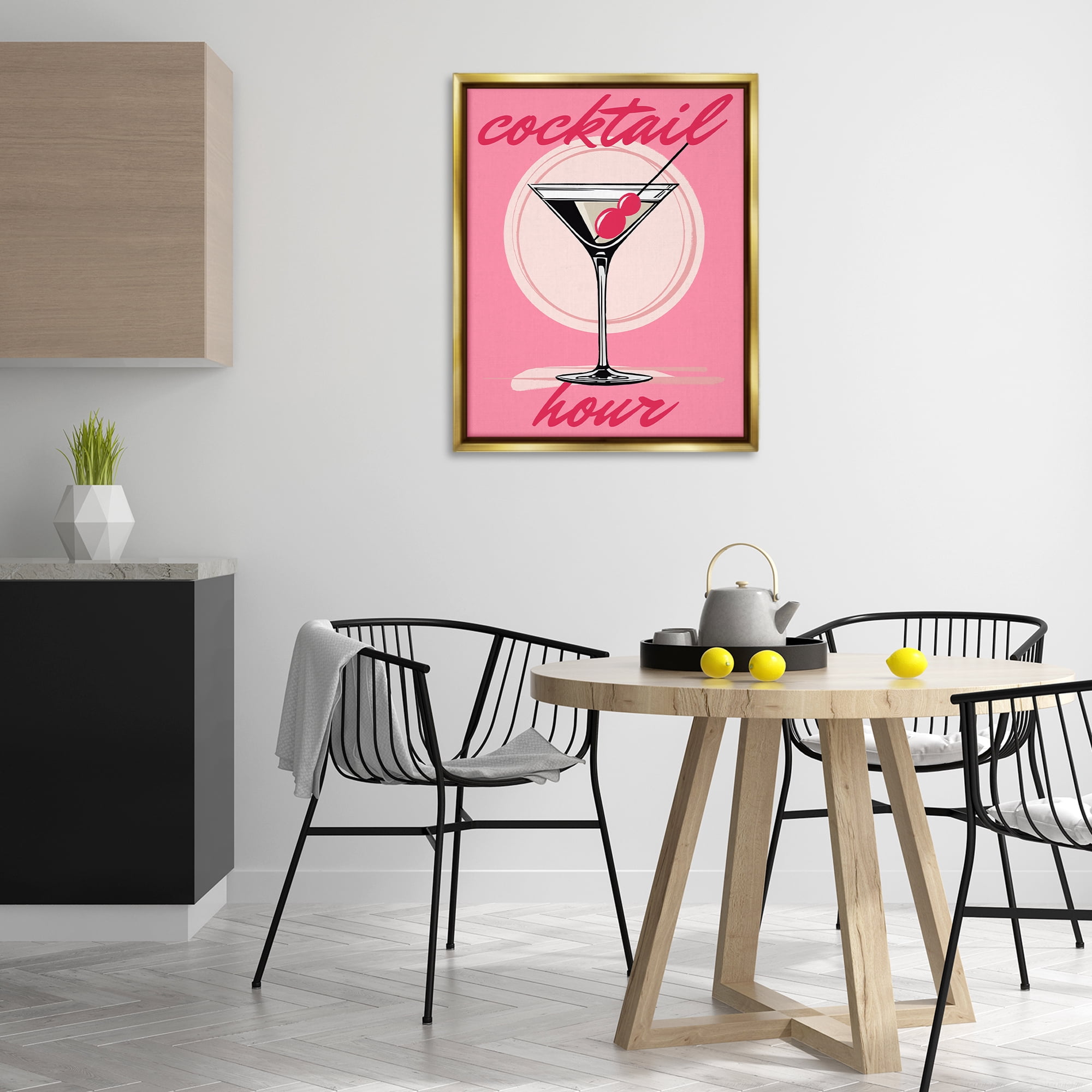 Stupell Industries Cocktail Hour on Pink Food & Beverage Painting Gold Floater Framed Canvas Art Print Wall Art, 25 x 31