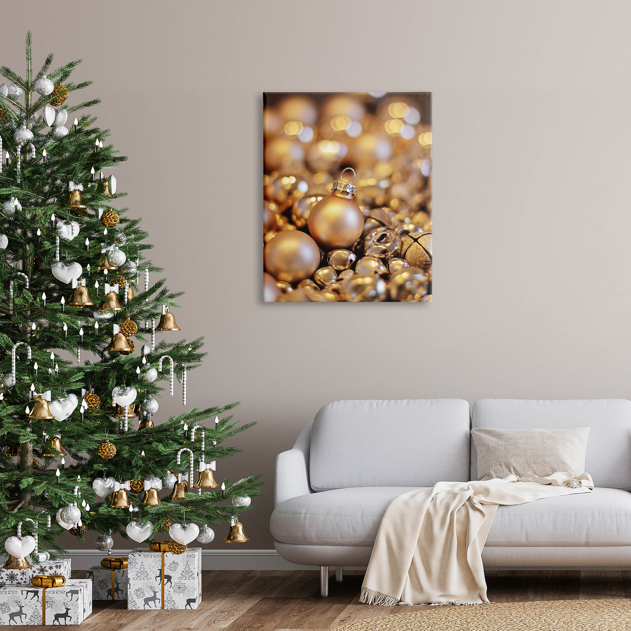 Gleaming Christmas Ornaments Bells Holiday Photograph Gallery Wrapped Canvas Print Wall Art