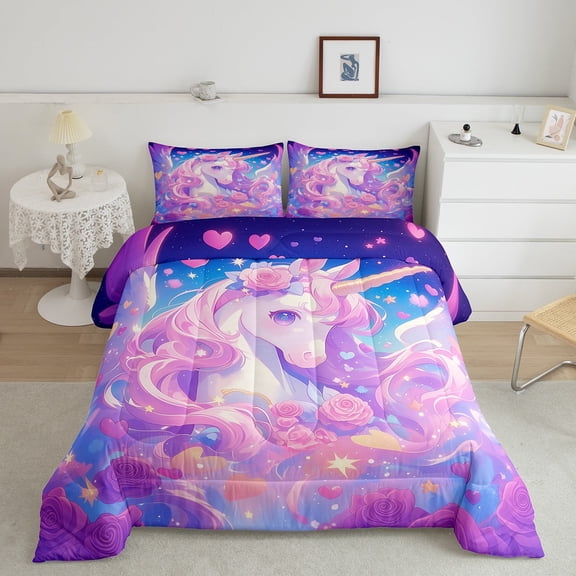 Unicorn Twin Bedding Set,Purple Unicorn Comforter Set,Romantic Galaxy Quilt Comforter,Heart Floral Down Comforter with 1 Pillow Case Fantasy Room Decor