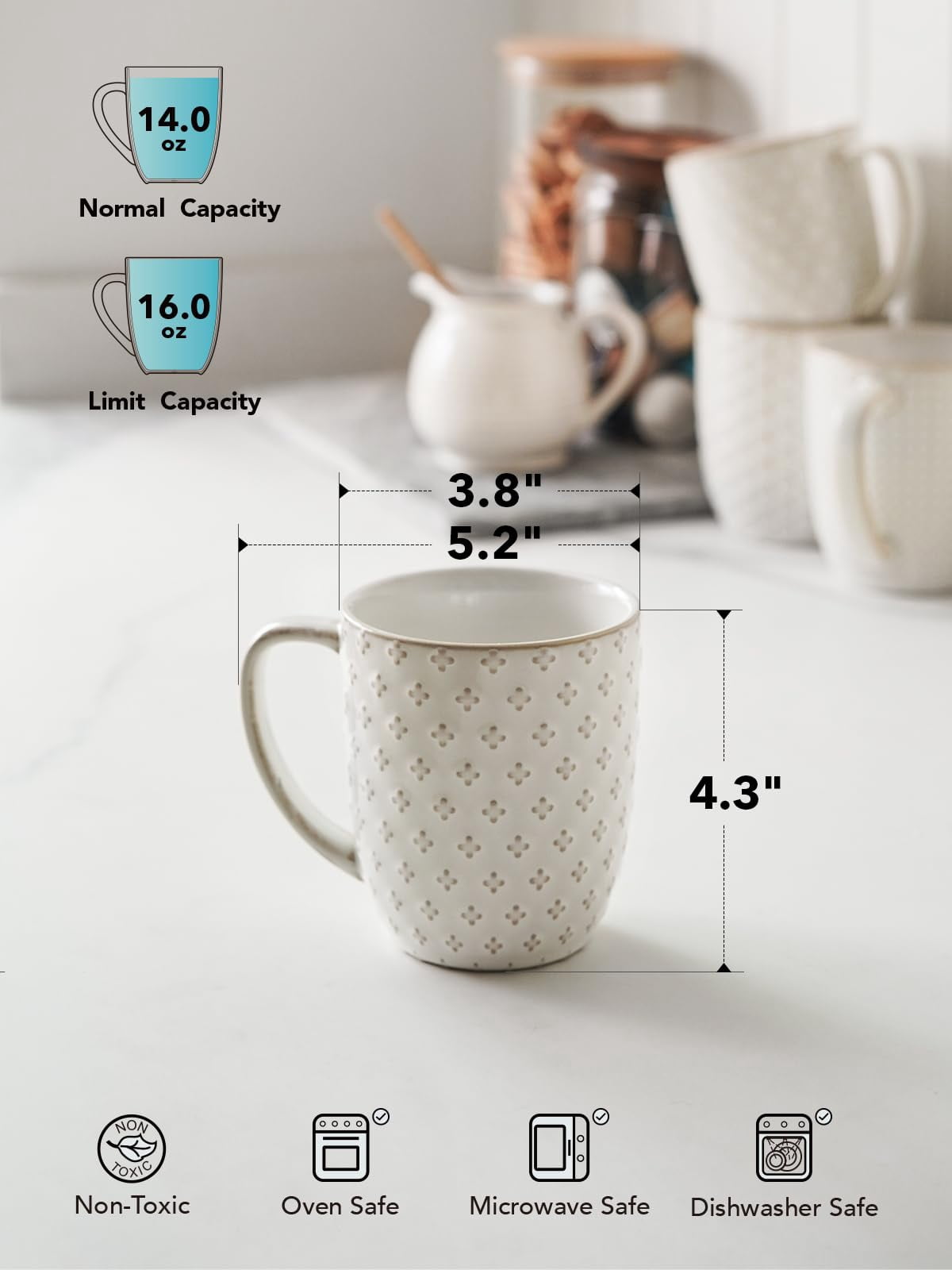 Coffee Mugs 12 oz, Ceramic Mug Set Set of 4, Embossment Cups for Espresso, Latte, Tea, Cocoa, Cappuccino & Mocha, Dishwasher Oven Microwave Safe - 3.4 inch, Arctic White
