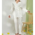 thumbnail image 3 of Defitshape Women's Cotton Victorian Pajama Set Soft 2 Piece Long Sleeve Shirt Pants Vintage Floral Lace Frilly V Neck Sleepwear White Small, 3 of 4