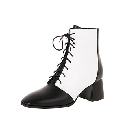 KBKYBUYZ Thick-heeled Short Boots Lace-up Women s Shoes For Autumn And Winter New Color Matching Mid-heel Small Square Toe