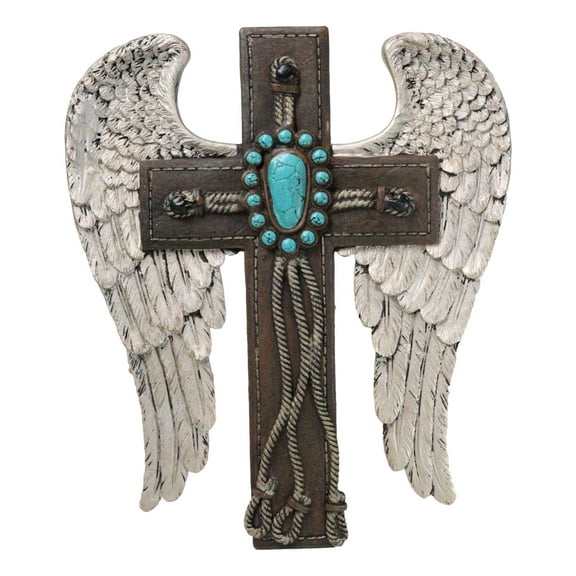 Southwest Angel Wings Braided Ropes Faux Leather Turquoise Stones Wall Cross