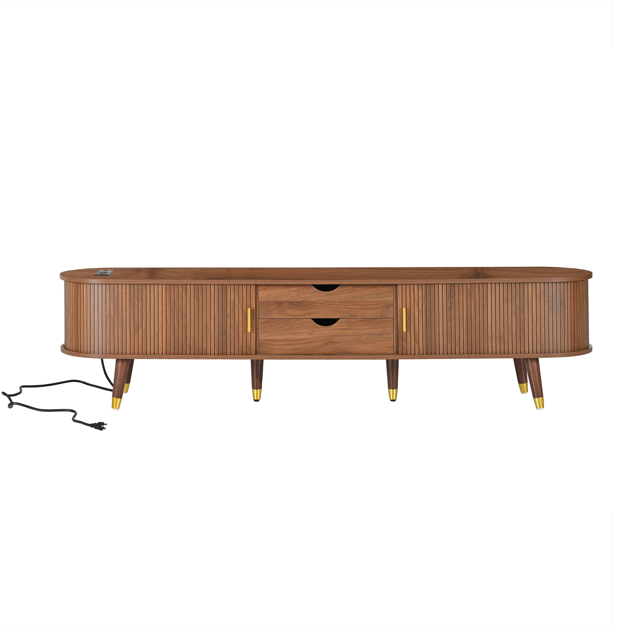 Euroco Mid-Century Modern TV Stand for TVs up to 80", Fluted Sliding Doors, Charging Station with USB & AC Outlets, Adjustable Shelves，Walnut