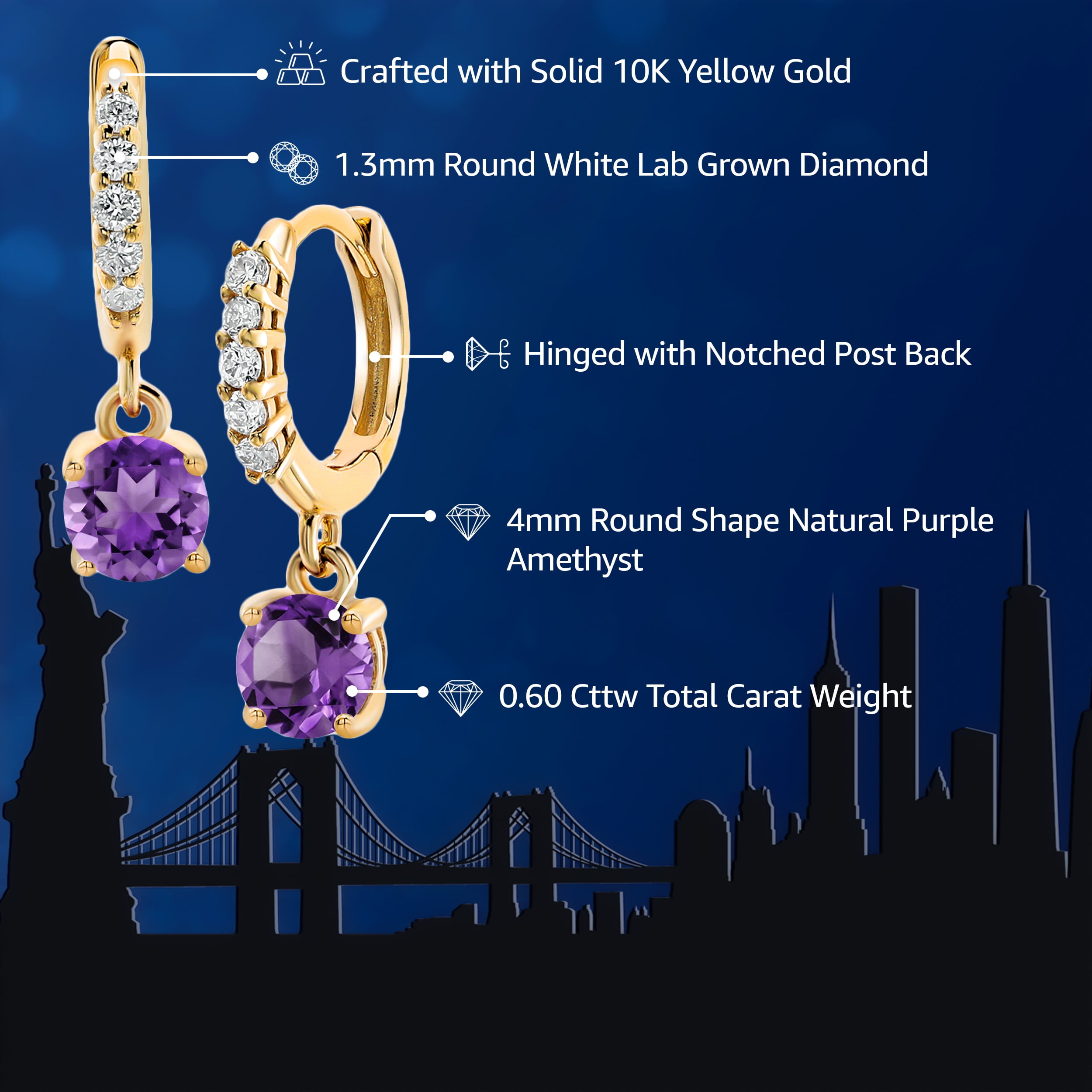 Gem Stone King 10K Yellow Gold Purple Amethyst and White Lab Grown Diamond Dangle Drop Huggie Hoop Earrings for Women (0.60 Cttw, Gemstone February Birthstone, Round 4MM)