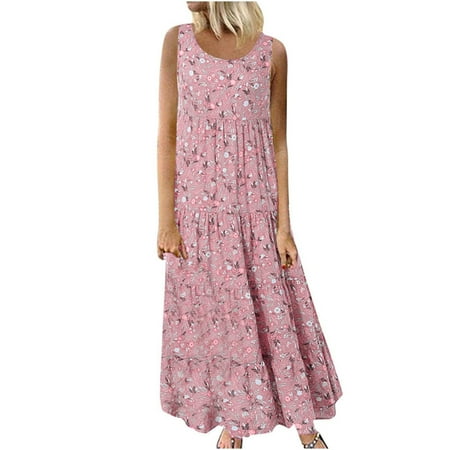 Blphud Trend Dresses for Women 2024 Dress for Women Women O Neck plus Size Dress Sleeveless Daily Vintage Bohemian Women s Dress Summer Loose Elegant Long Dress for Women Pink XL