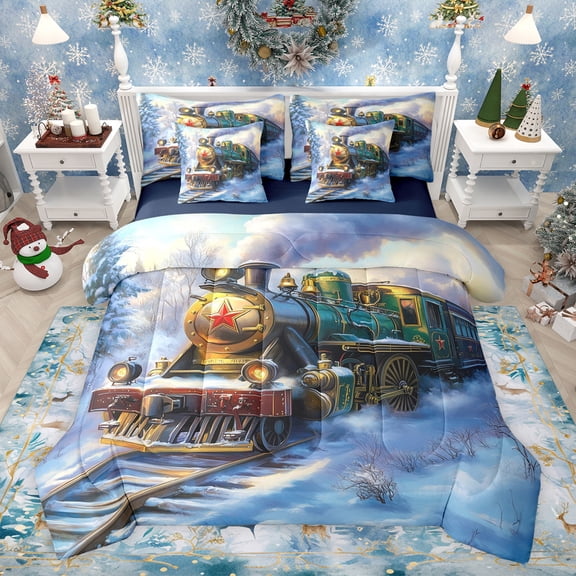 jejeloiu Vintage Train 7-Piece Twin Bedding Sets,Steam Engine Bedding Comforter Set,Green Godl Blue Sheet Sets For Boys Kids,Luxury Bedroom Decor Reversible