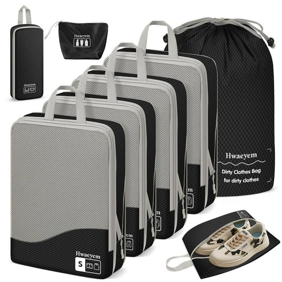 Compression Packing Cubes 8 Set, Dual Zipper Compression Packing Cubes for Travel, See-Through Mesh Packing Bags for Suitcases, packing cubes with shoe bag (Black)