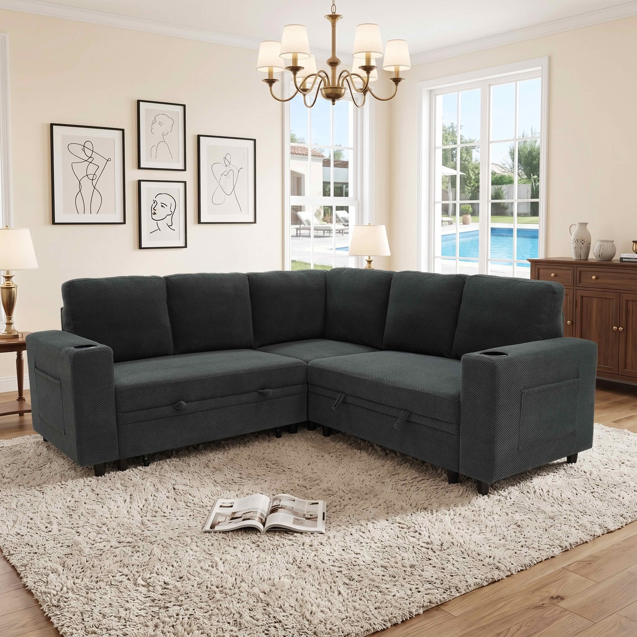 MAYEERTY 76.5 Inch L‑Shape Convertible Sectional Sofa Bed, Nubby Fabric Corner Couch with Pull‑Out Sleeper, Storage, Cup Holders and Side Pockets