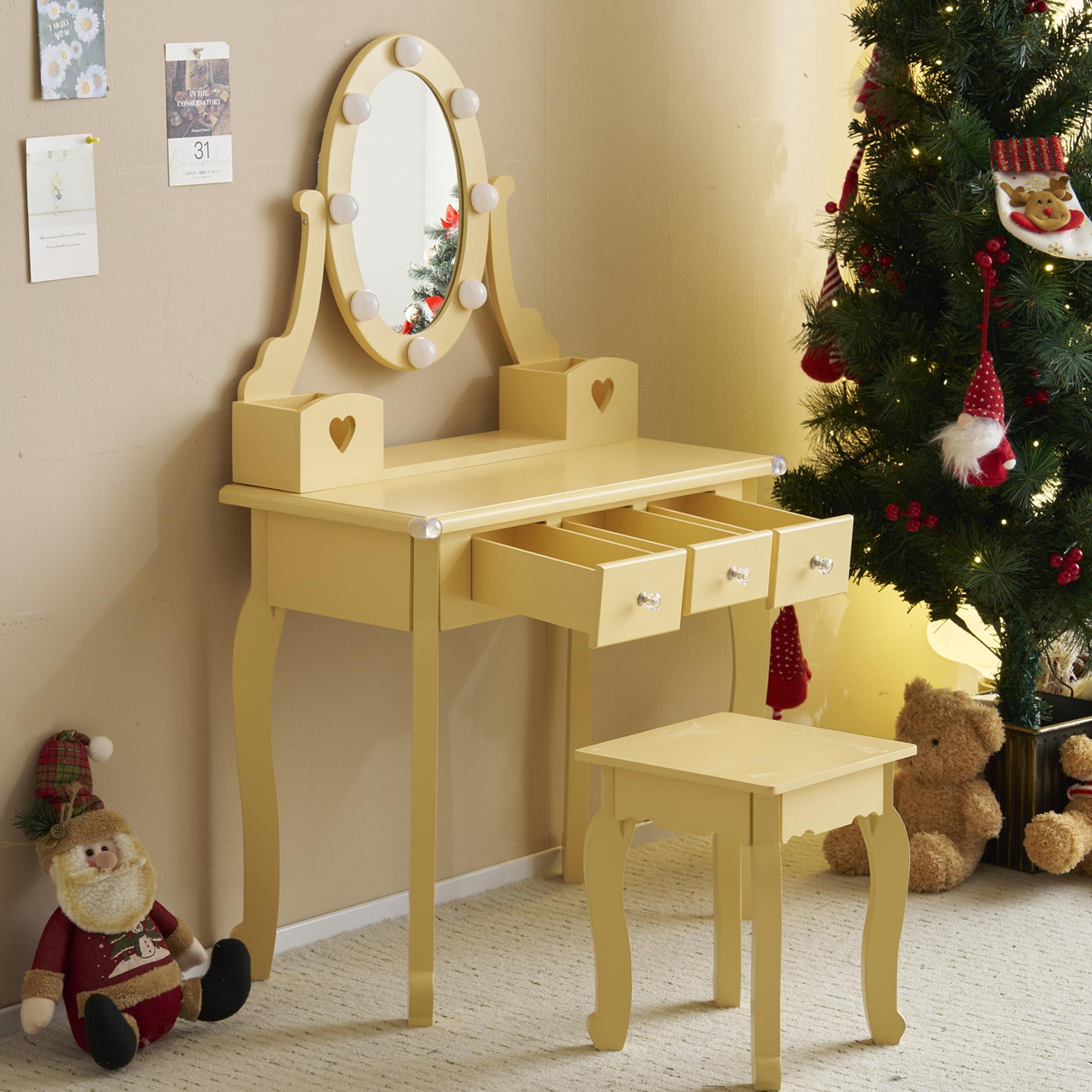 SESSLIFE Kids Vanity Set with Mirror Lights and Drawers, Wooden Princess Makeup Desk Set, Toddler Dressing Table Set, Pretend Play Kids Vanity Table and Chair Set for Little Girls aged 3+, Yellow