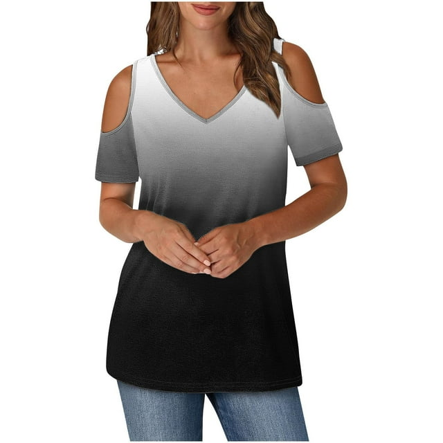 Tops de Algodón para Mujeres Gradiente Impreso Manga Corta Cuello en V Fuera Del Hombro, Top de Moda para el Uso Diario
