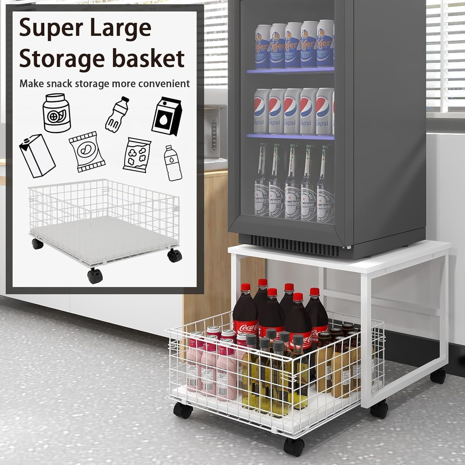 Natwind 19.7x19.7in Mobile Mini Fridge Stand with Large Capacity Storage Beverage Refrigerator Table with Wheels Rolling Compact Fridge Cart