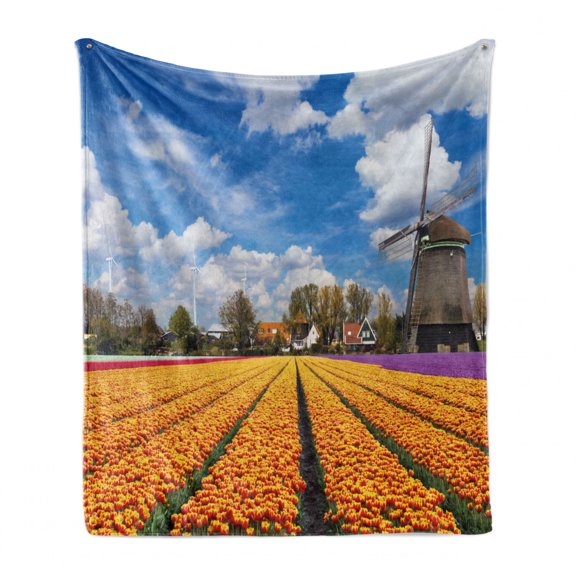 Windmill Soft Flannel Fleece Throw Blanket, Tulips of Holland Countryside Landscape in Springtime with Rustic Houses Print, Cozy Plush for Indoor and Outdoor Use, 50" x 70", Multicolor, by Ambesonne