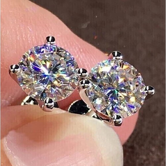 Round Cut 2 Ct Lab Created Diamond Solitaire Stud Earrings 14K White Gold Plated
