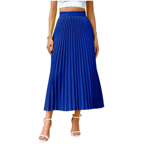 Cmfcve Women's Pleated Skirt High-Waisted Elastic Satin Midi Skirt Solid Color Business Casual A-Line Dress
