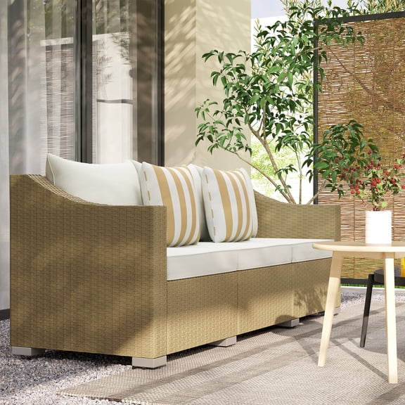 Outsunny 3 Seater Patio Wicker Sofa, Outdoor Furniture Rattan Couch with Cushions, Throw Pillows, for Garden, Backyard, Porch, Cream White