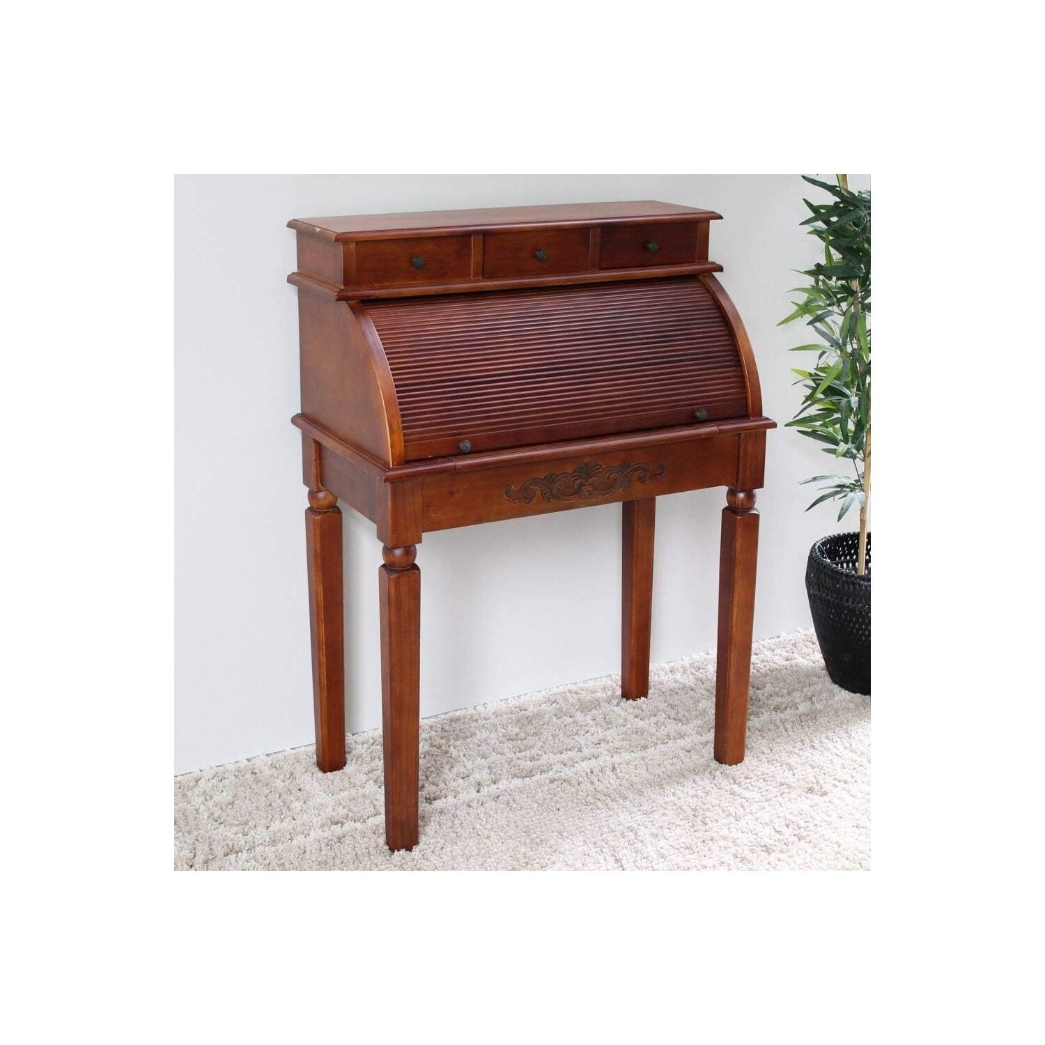 Windsor Carved Wood Roll Top Style Desk/ Vanity - Walnut