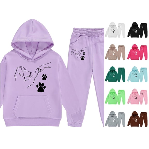 WAYUTE Girls 2 Piece Hooded Tracksuit Cute Cartoon Print Sweatshirts and Pants for Toddler Kids Fall Outfits Fashion Clothing Set Casual Outdoor,Purple,Size 8-9 Y