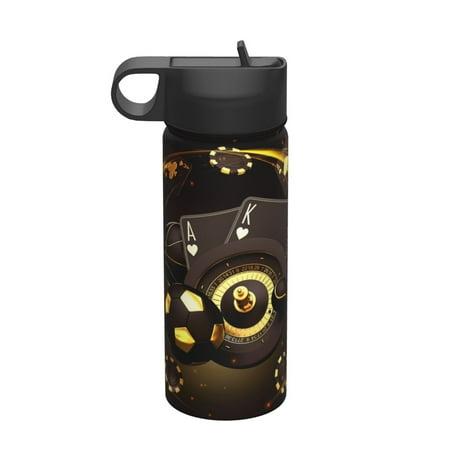 

Salouo Casino Card Soccer Pattern 18 oz Water Bottle With Straw Stainless Steel Sports Water Cup Flask Wide Mouth Travel Thermal Mug for Home Office Car