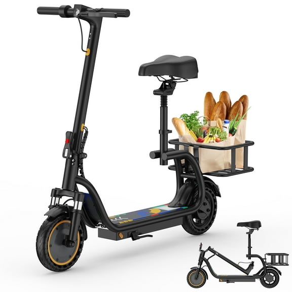 PORORO Electric Scooter with Seat, Foldable E-Scooter with Front Suspension, 8.5" Tires, Top Speed 19mph, 10-15 Miles Ranges