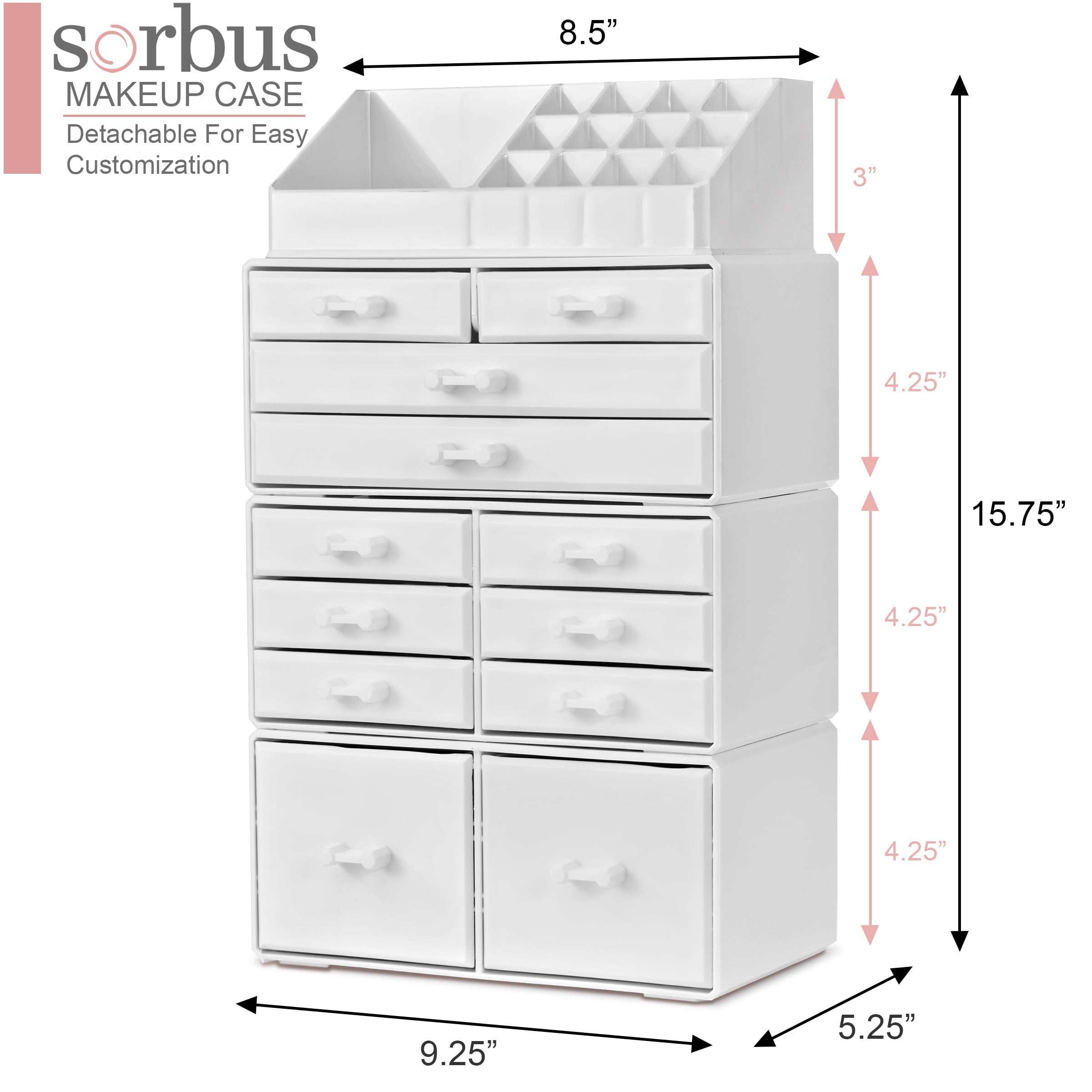 Sorbus Large Makeup Organizer - Stackable Jewelry & Makeup Organizer For Vanity, Bathroom Storage, Dresser - 12 Drawers Cosmetic Beauty Organizers and Storage with Lipstick, Makeup Brush Holder