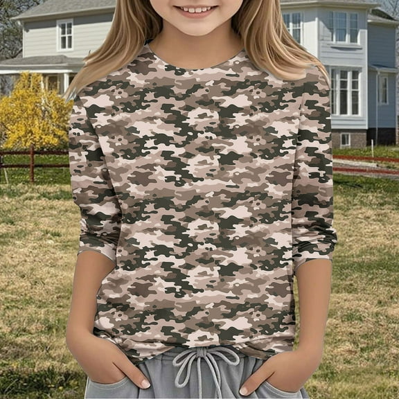 Girls Camouflage Printed 3/4 Sleeve Tops Teen Crewneck Dressy Casaul Shirts Summer Fall Lounge Outfits Slouchy Relaxed Classic Blouses 3-12 Years