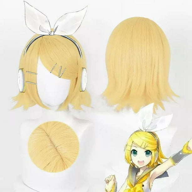 Peluca de pelo sintético de Anime Kagamine Rin/len, peluca de Cosplay de 30cm, pelucas cortas de color amarillo dorado, peluca de Cosplay resistente al calor a la moda