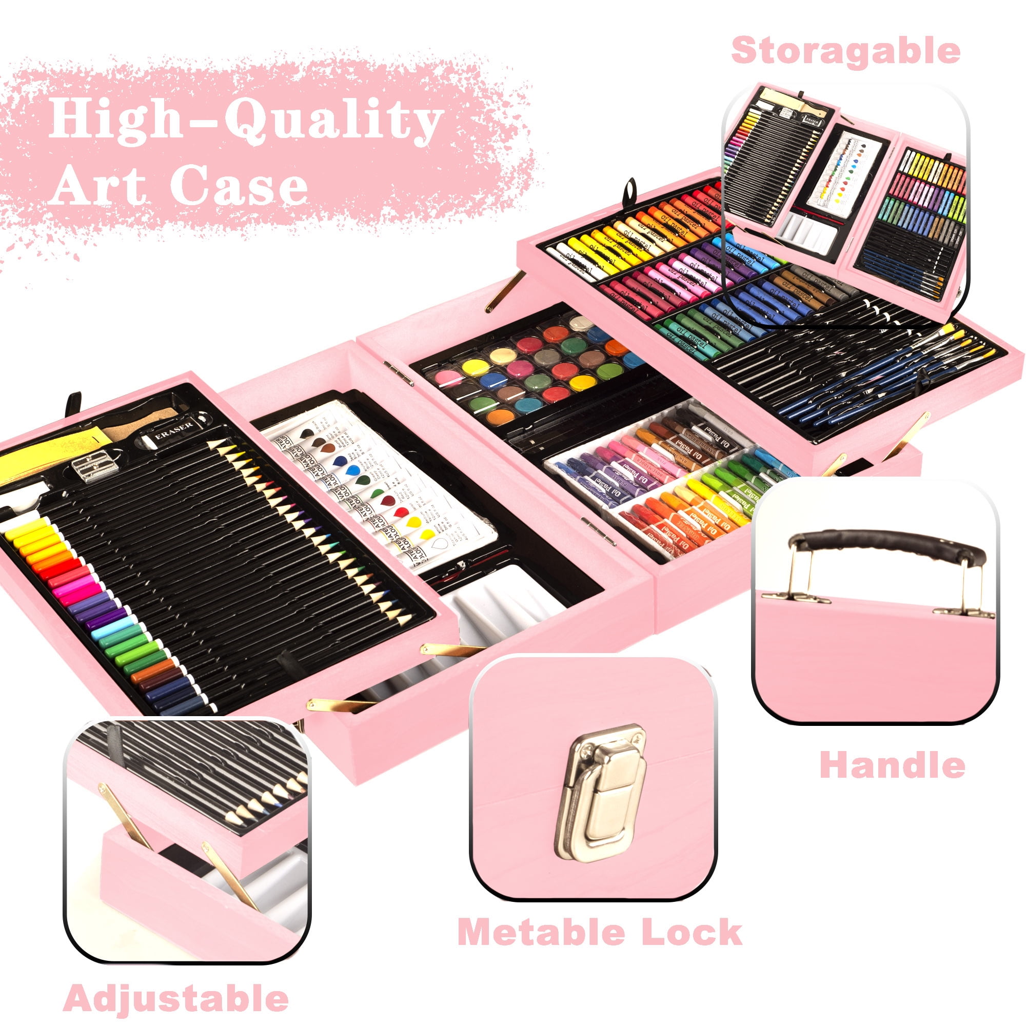KINSPORY 168Pcs Drawing Painting Set, Deluxe Wooden Art Set Crafts Coloring Book, Sketch Pad, Gift for Artist Beginners Kids Girls Boys (Pink)