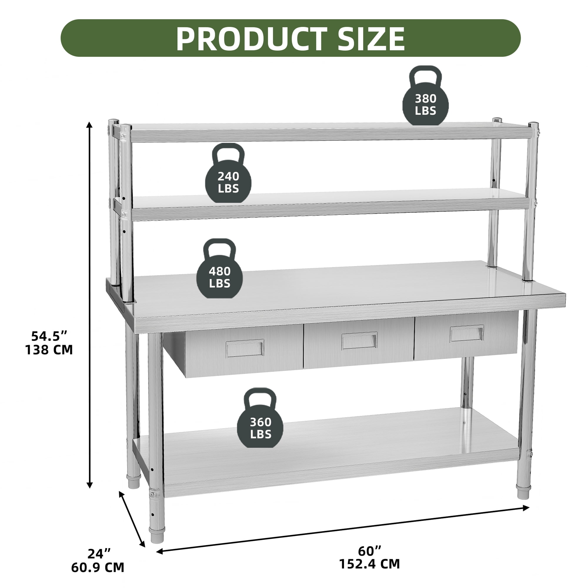 Uforic 60" X 24" Stainless Steel Table with Overshelves and 3 Drawers, Work Table with 72" X 12" Shelf & 3 Drawers, Metal Table Prep Table