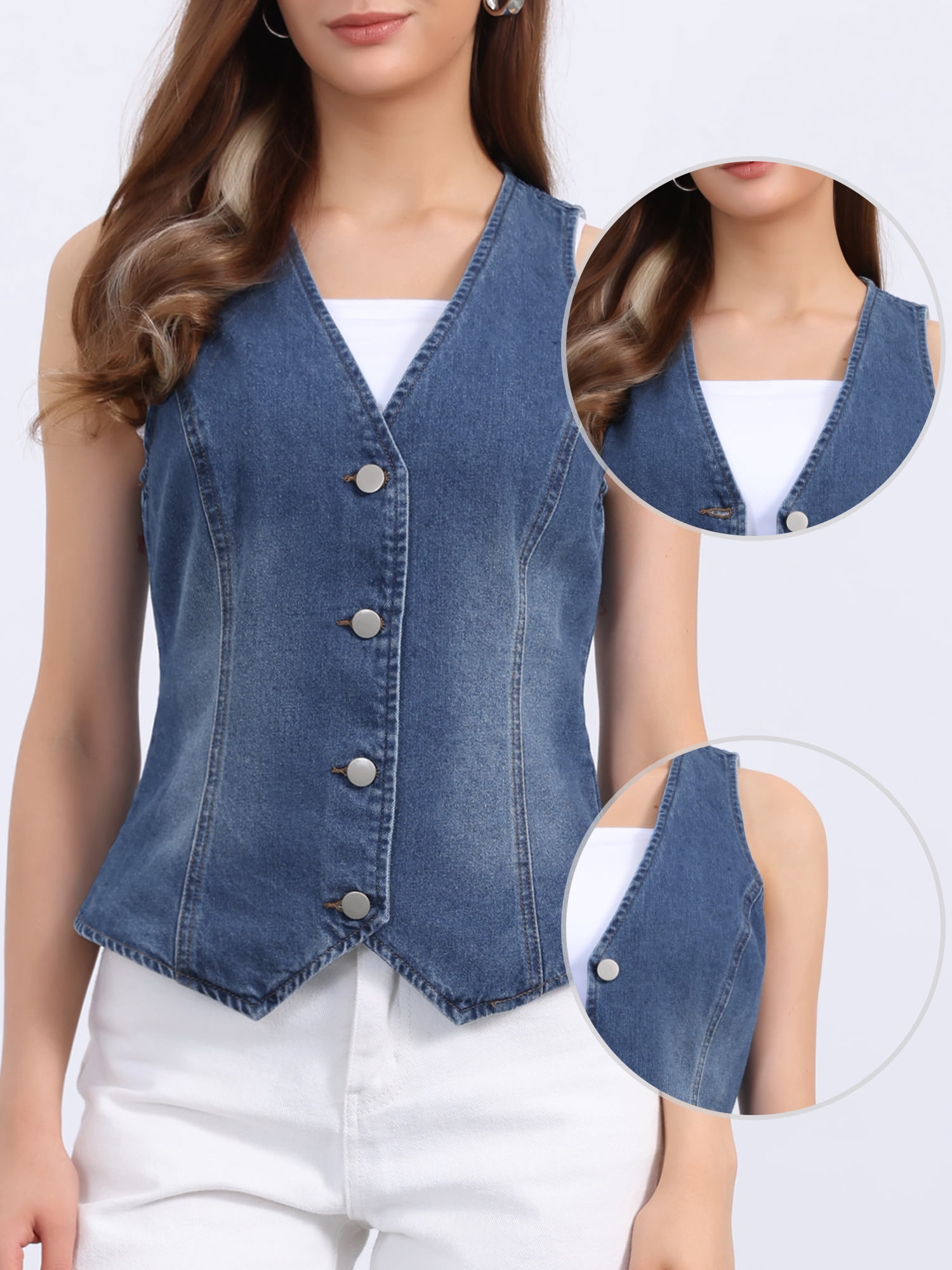 DARING DIVA Womens Denim Vest V Neck Button Down Jean Waistcoat Jacket XS Pale Blue
