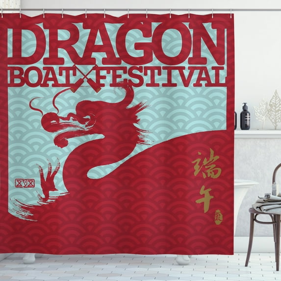 Chinese Shower Curtain, Far Eastern Style Inspired Graphic Image with a Fierce Dragon on Squama, Fabric Bathroom Set with Hooks, 69W X 75L Inches Long, Ruby Pale Blue Fawn, by Ambesonne