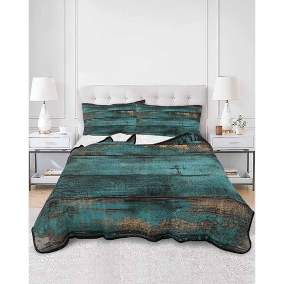 Quilts Queen Size, Teal Brown Vintage Wood Soft Comforter Bedding Set for Bed, Abstract Retro Shabby Plank Lightweight Quilted Bedspread with Pillow Cover(2 Pieces) for All Season, 90x96 Inch