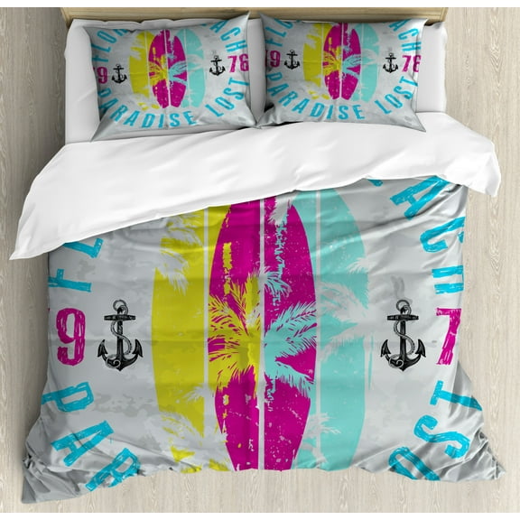 Florida Duvet Cover Set Queen Size, Weathered Colorful Surfboards and Hand Drawn Anchors Paradise Beach, Decorative 3 Piece Bedding Set with 2 Pillow Shams, Pale Grey and Multicolor, by Ambesonne