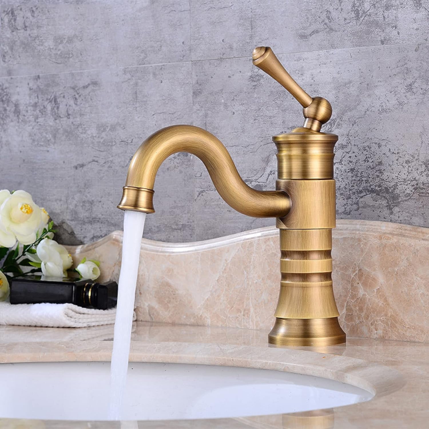 Vintage Bathroom Faucet 360 Swivel Spout Antique Brass, Cold Hot Mixer Vintage Vanity Tap, Single Handle 1 Hole Bathroom Sink Faucet, Medium