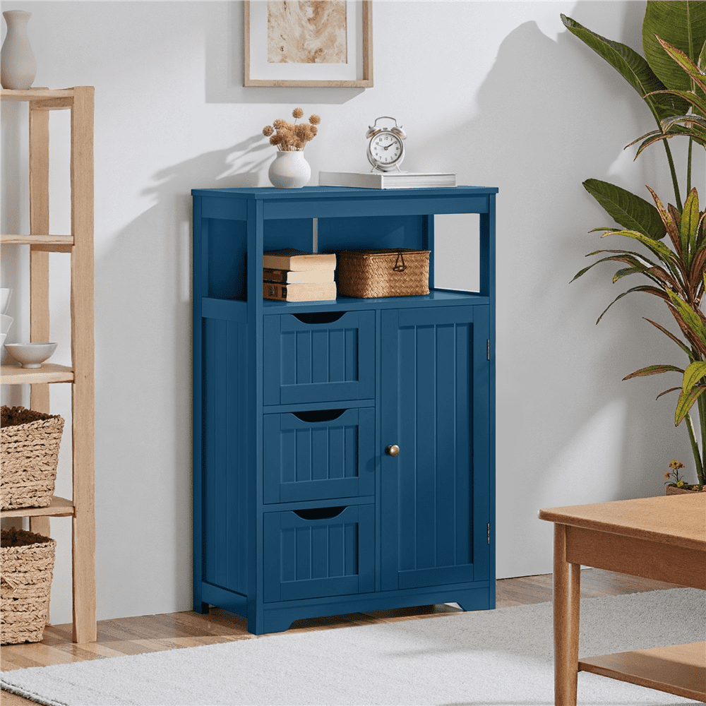 Alden Design Wood Bathroom Storage Cabinet with Open Shelving, Navy Blue, 22"L*12"W*34"H