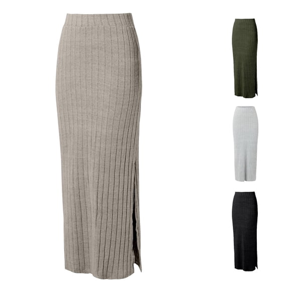 Wxolcjlv Women's Ribbed Knit Midi Skirt High Waist Side Slit Bodycon Midi Skirts