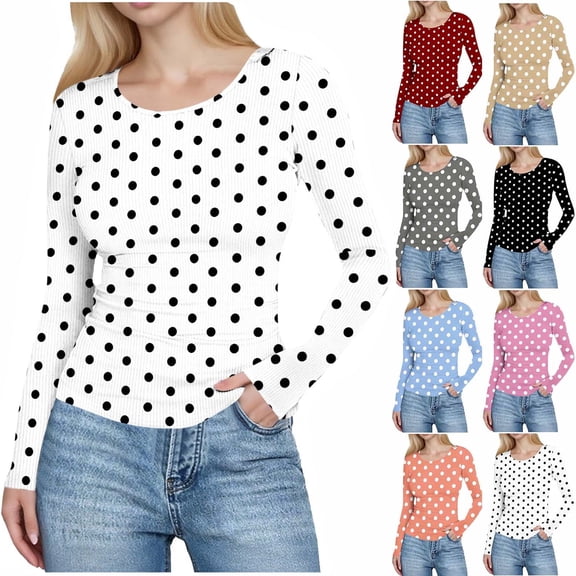 Women’s Polka Dot Slim Tops, Round Neck Pullover T-Shirt, Fall Long Sleeve Comfy Blouses