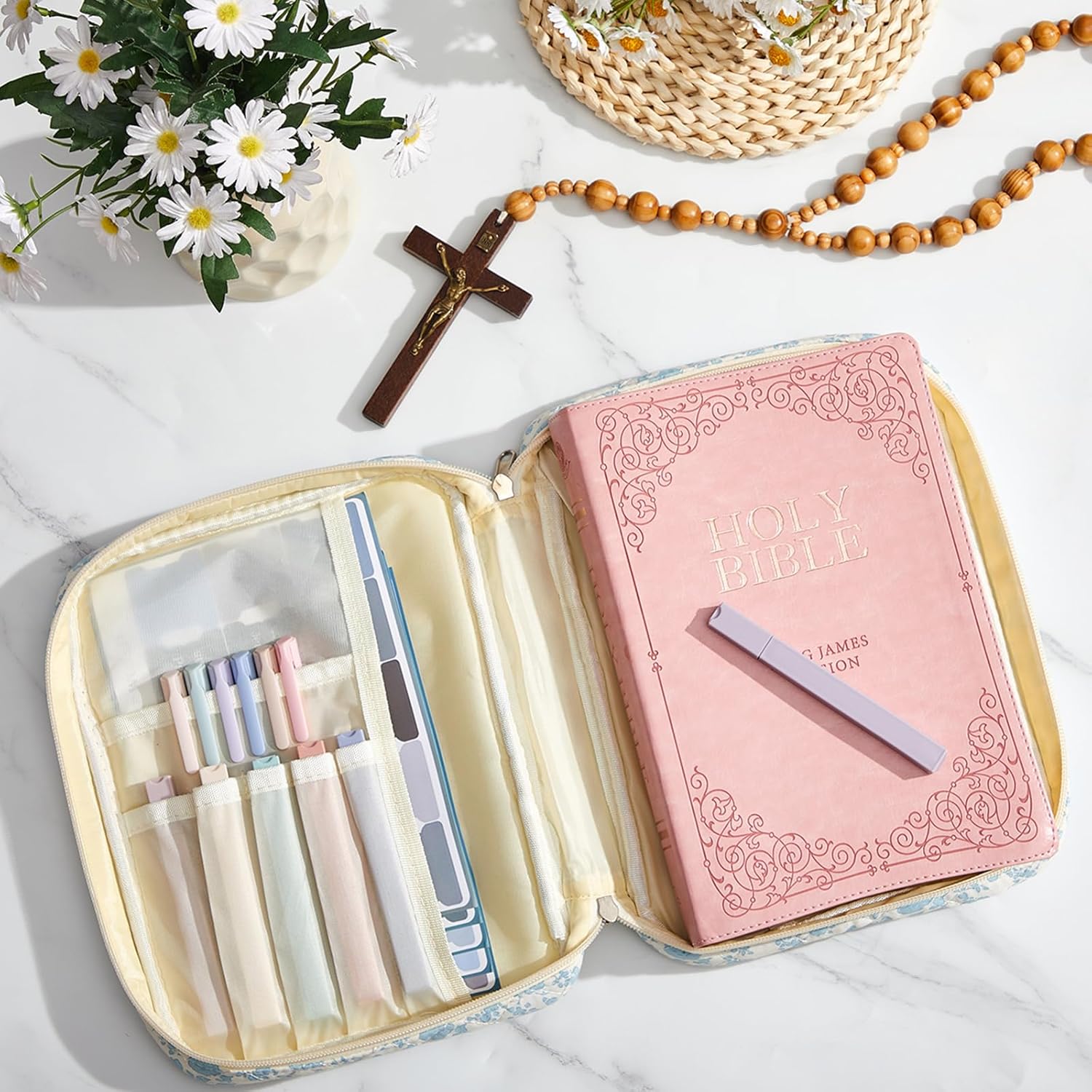 Quilted Bible Cover Case for Women Large Carrying Bag Book Tote Bags Bible Bag with Handle Bible Study Supplies Christian Gifts  for Church Religious with Organizer Tabs 6 Colored Pens 6 Highlighters