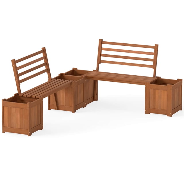 Costway 2 PCS Planter Box with Bench 2 Open-ended Planter Boxes Slat Backrest for Patio